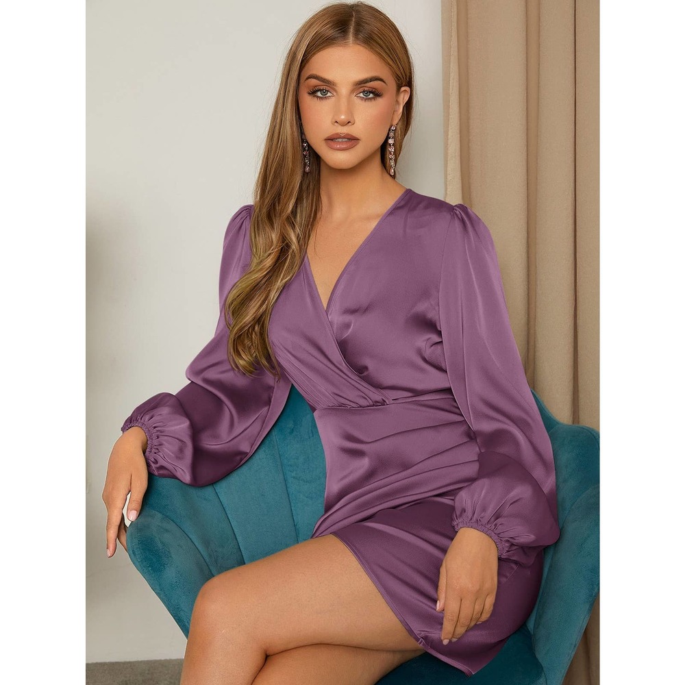 Surplice v Neck Lantern long Sleeve Wrap mini Dress satin black - Picture 10 of 11